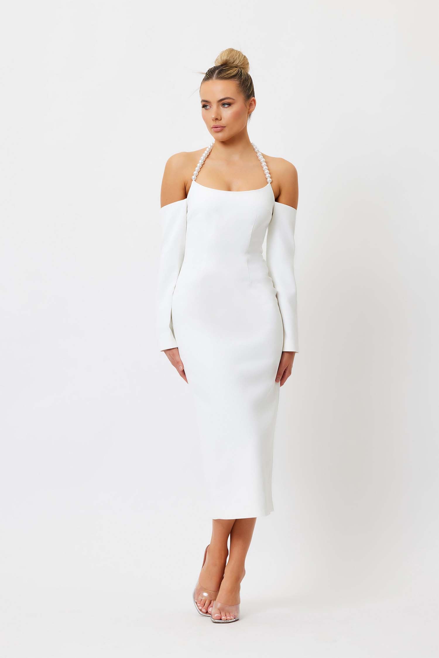 Tess Pearl Neck Dress - White