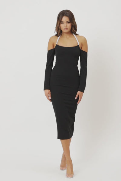 Tess Pearl Neck Dress - Black